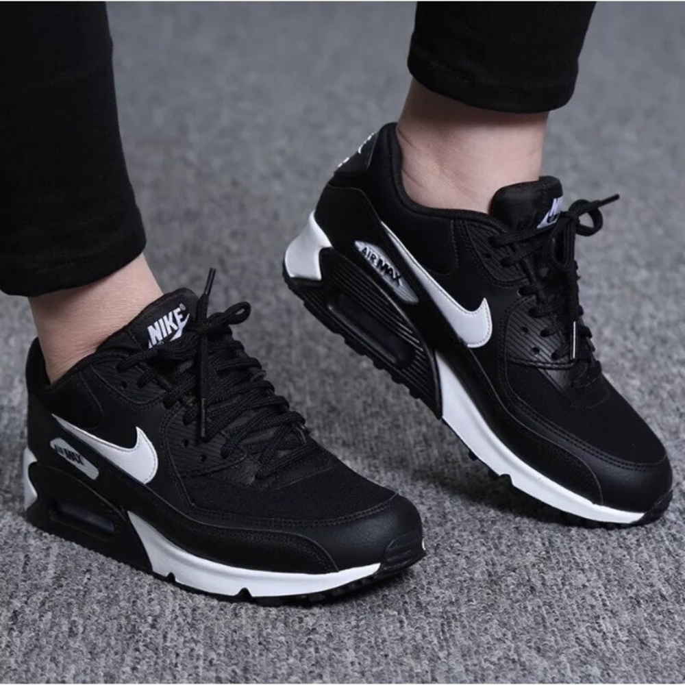 Women's Nike Air Max 90 Black + White Sneakers - Picture 2 of 8